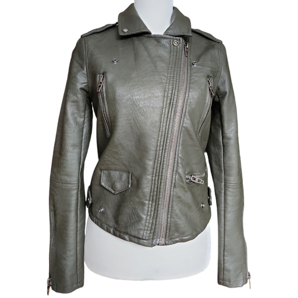 [BLANKNYC] Women's PU Leather Moto Jacket Olive Green - Picture 8 of 15